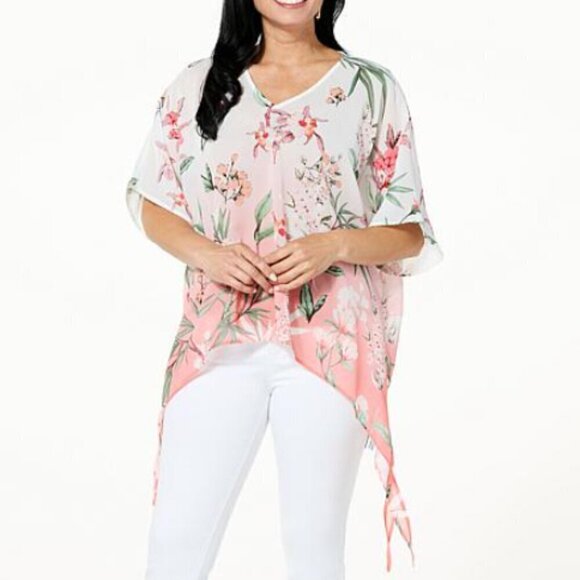 Colleen Lopez Tops - Colleen Lopez Floral White Sharkbite Ombre Dolman Blouse XXS